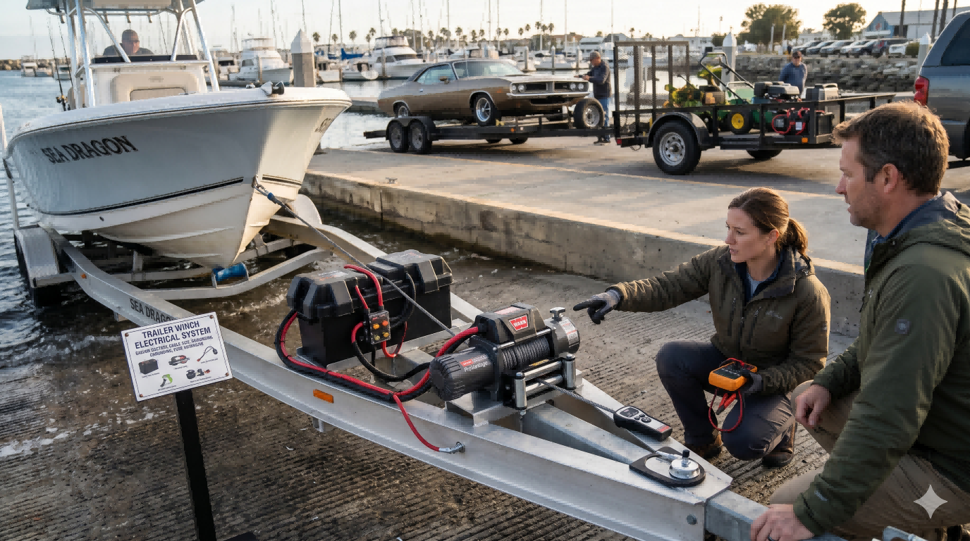 Electric trailer winch power system priorities for boat trailers, car haulers, and utility trailers